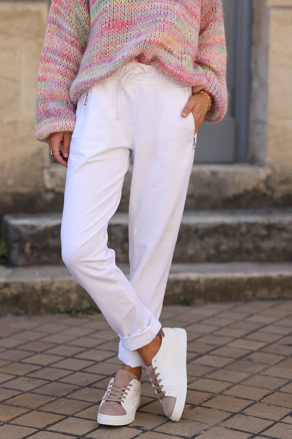 White Cotton Sweatpants Bottoms with Embroidered Cheveron Outseams