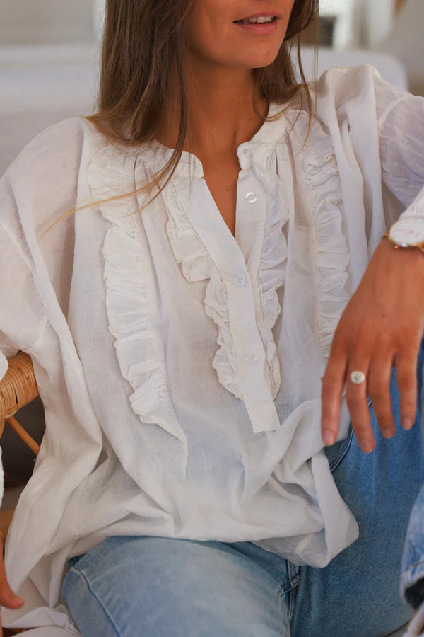 White Cotton Ruffled Bib Peasant Blouse