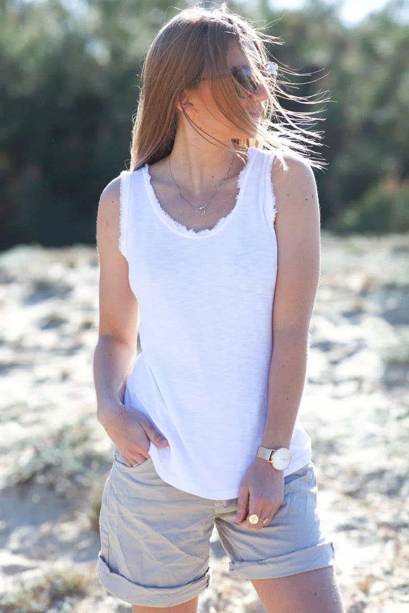 White cotton tank top with fringes