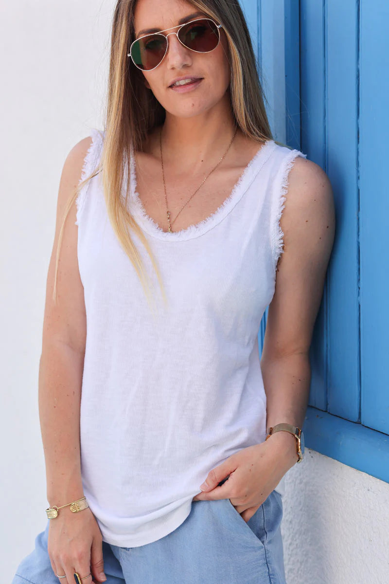 White cotton tank top with fringes