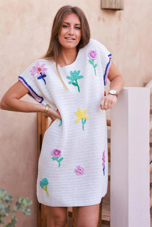 White Crochet Floral Garden Cap-Sleeve Dress