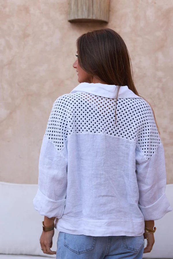 White Embroidered Crochet Linen Jean Jacket