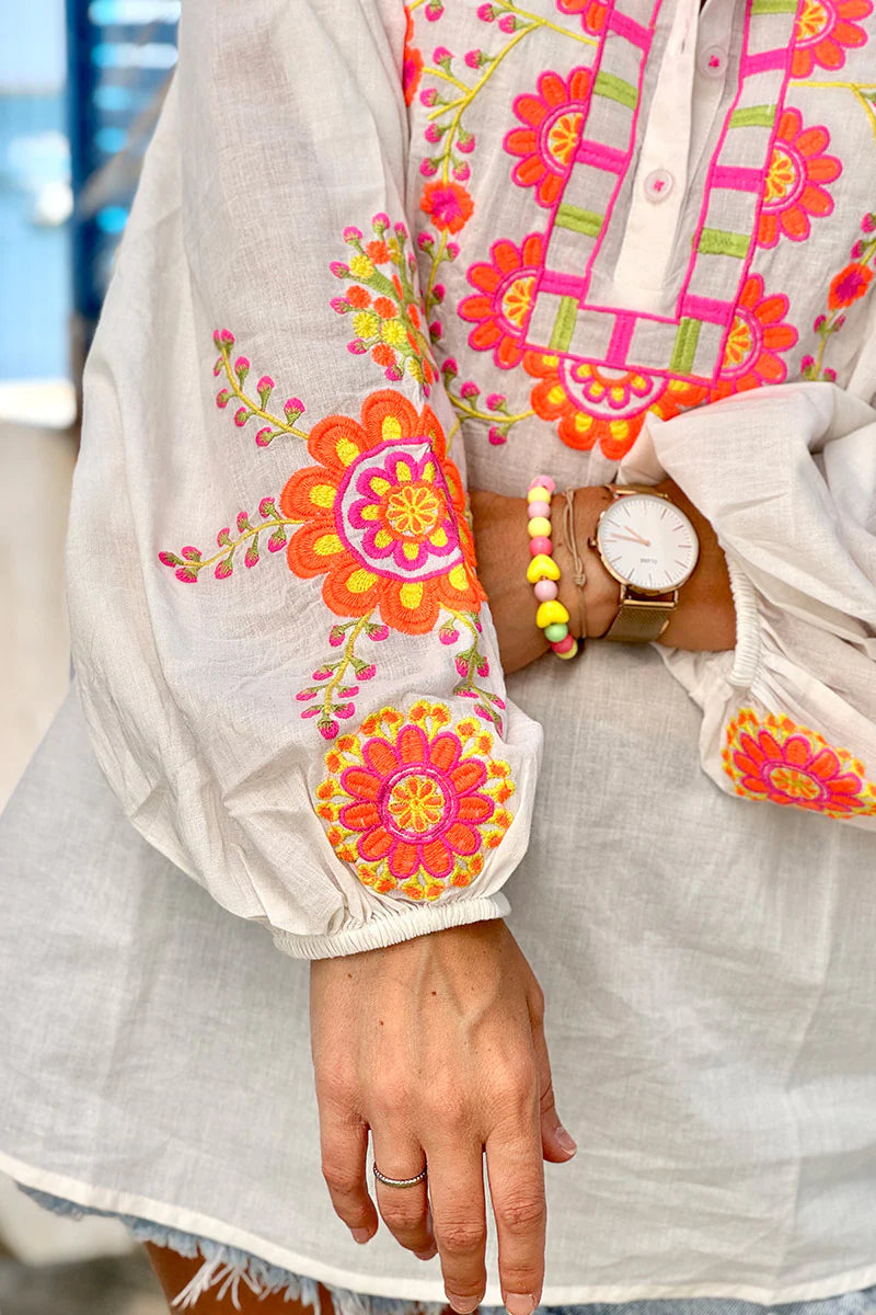 White Embroidered Half Placket Boho Blouse