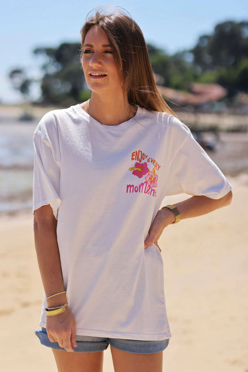 White “Enjoy Every Moment” Hibiscus Tee