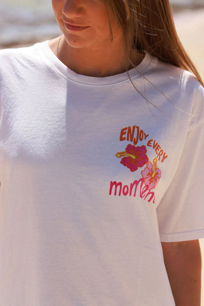 White “Enjoy Every Moment” Hibiscus Tee