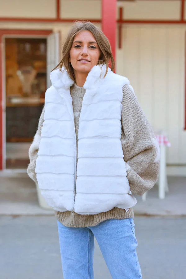 White Faux Fur Zip Front Vest