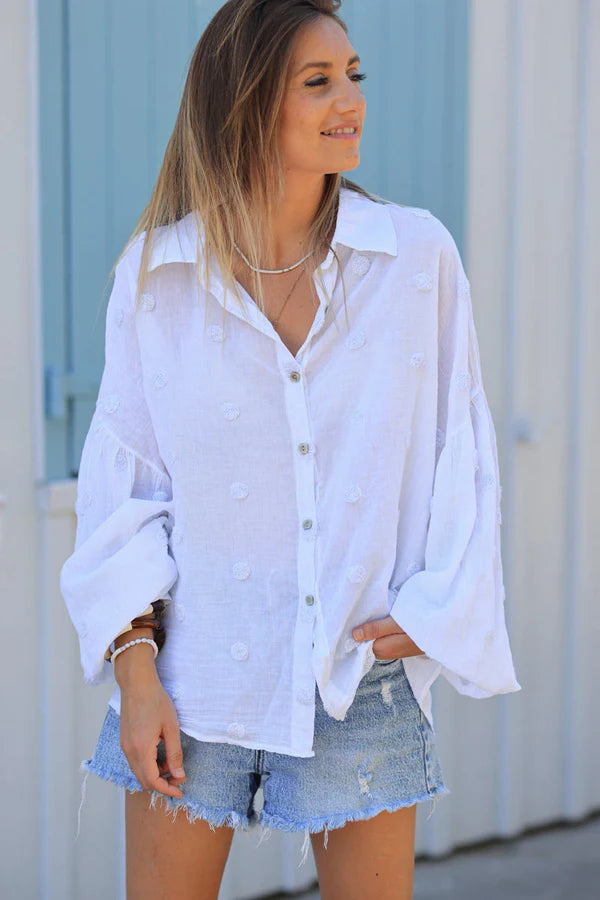 White floaty shirt with silver dots in boucle