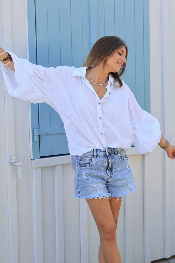 White floaty shirt with silver dots in boucle