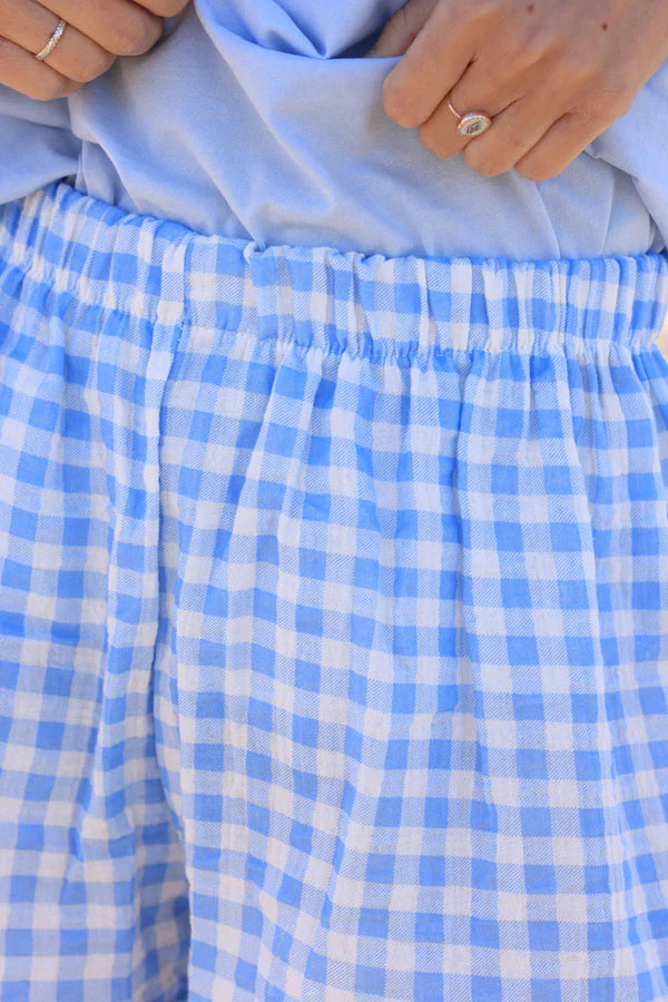 White frill cotton gauze short with blue vichy print