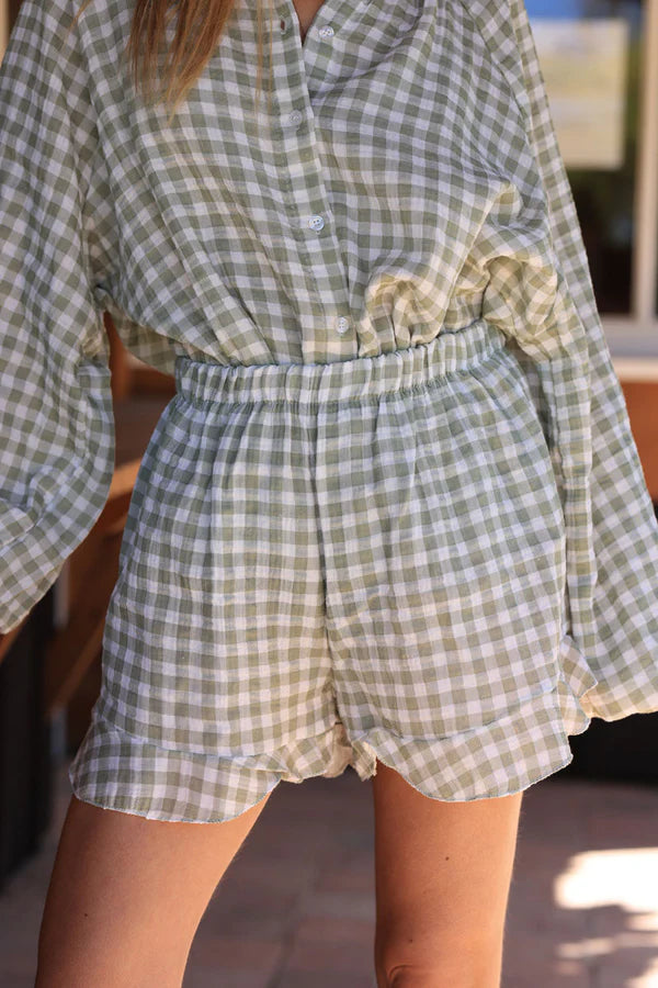 White frill cotton gauze short with Olive vichy print