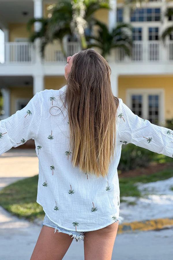 White Gauze Embroidered Palm Button-Down Shirt