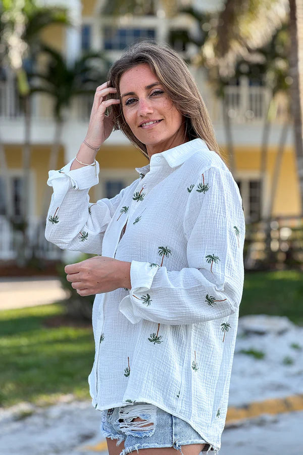 White Gauze Embroidered Palm Button-Down Shirt