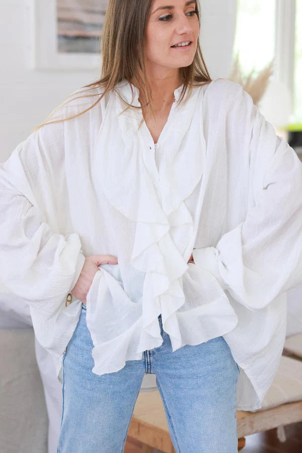 White Gauze Ruffle Front Blouse