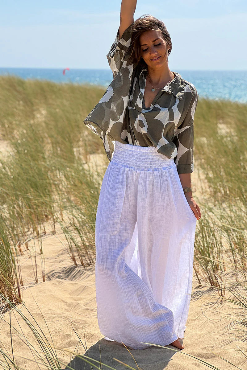 White Gauze Wide-Leg Pants