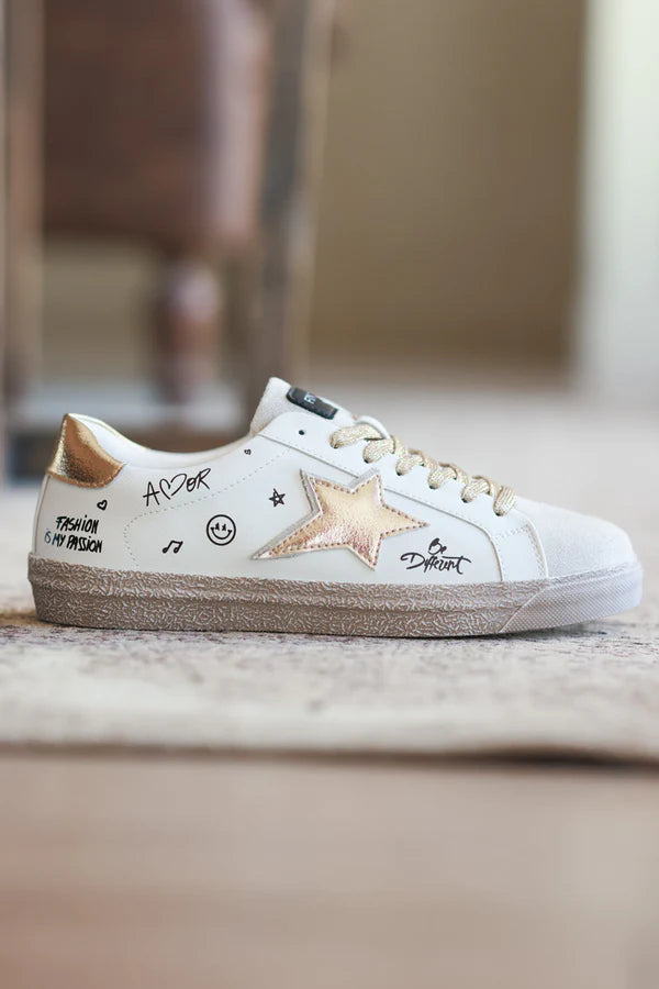 White Gold Star and Graffiti Sneakers with Gold Laces