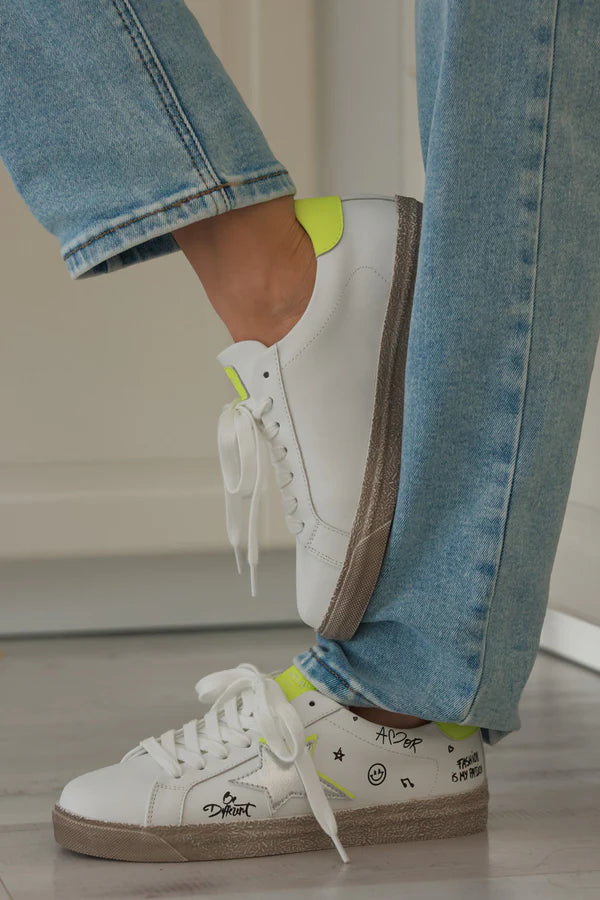 White Gold Star and Graffiti Sneakers with Neon Yellow Accent