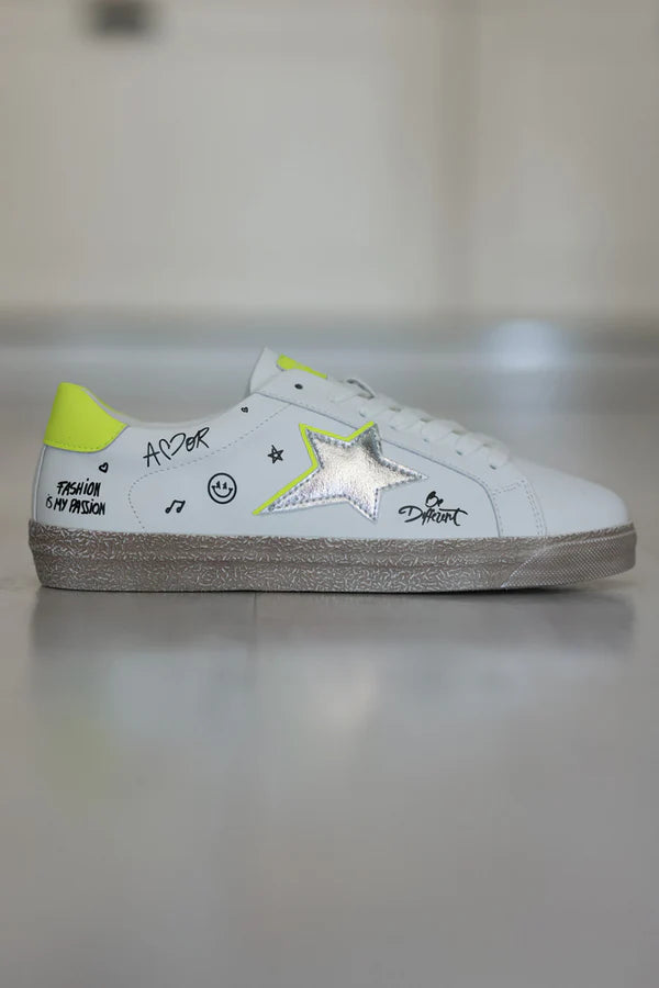 White Gold Star and Graffiti Sneakers with Neon Yellow Accent