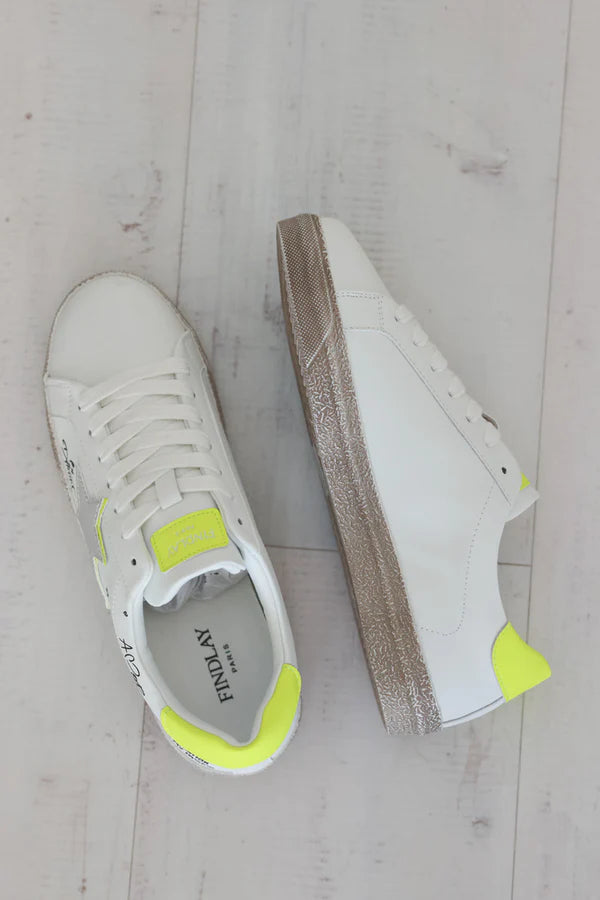 White Gold Star and Graffiti Sneakers with Neon Yellow Accent