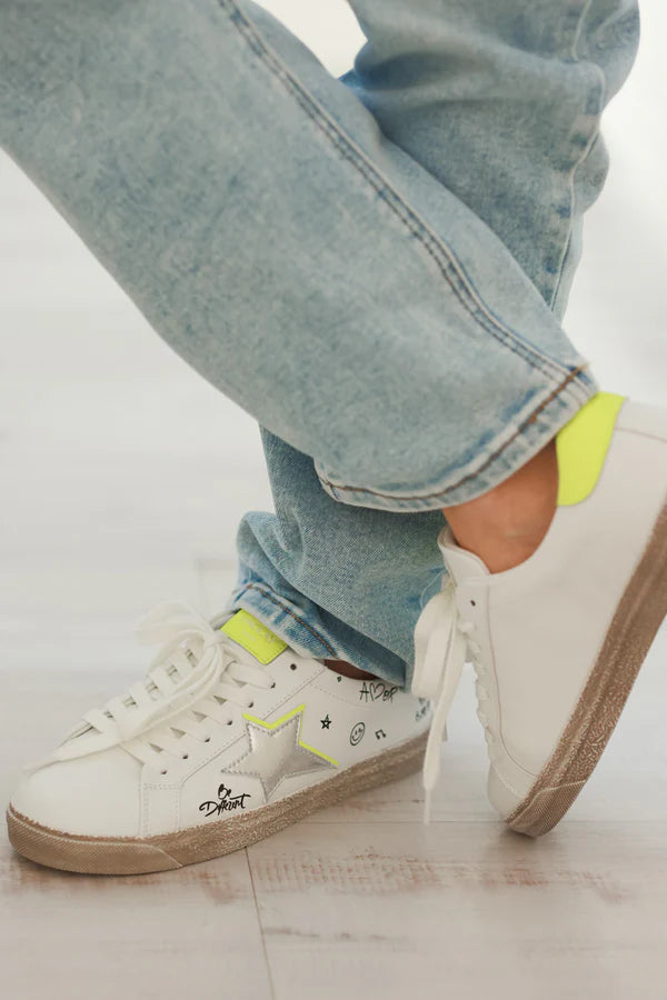 White Gold Star and Graffiti Sneakers with Neon Yellow Accent