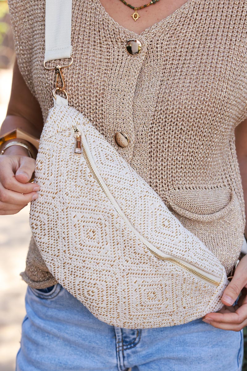 Cream Gold Woven Half Moon Crossbody Bag
