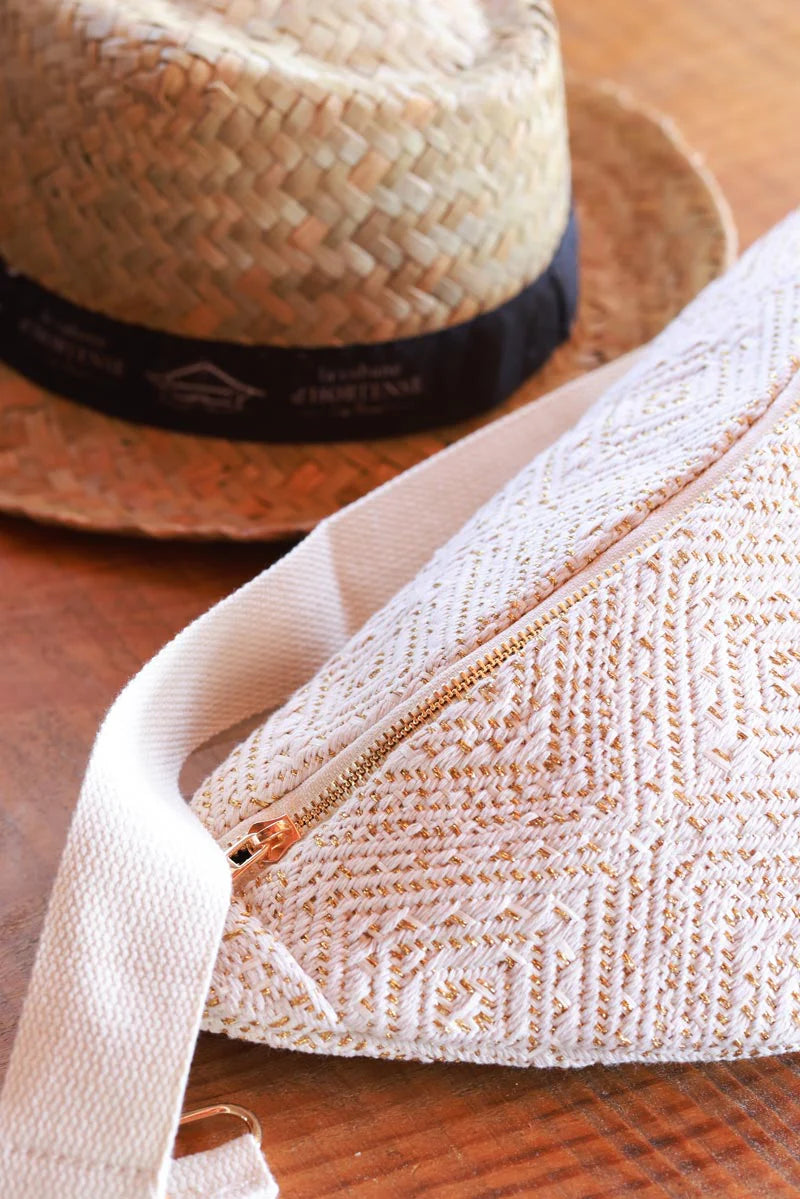 Cream Gold Woven Half Moon Crossbody Bag