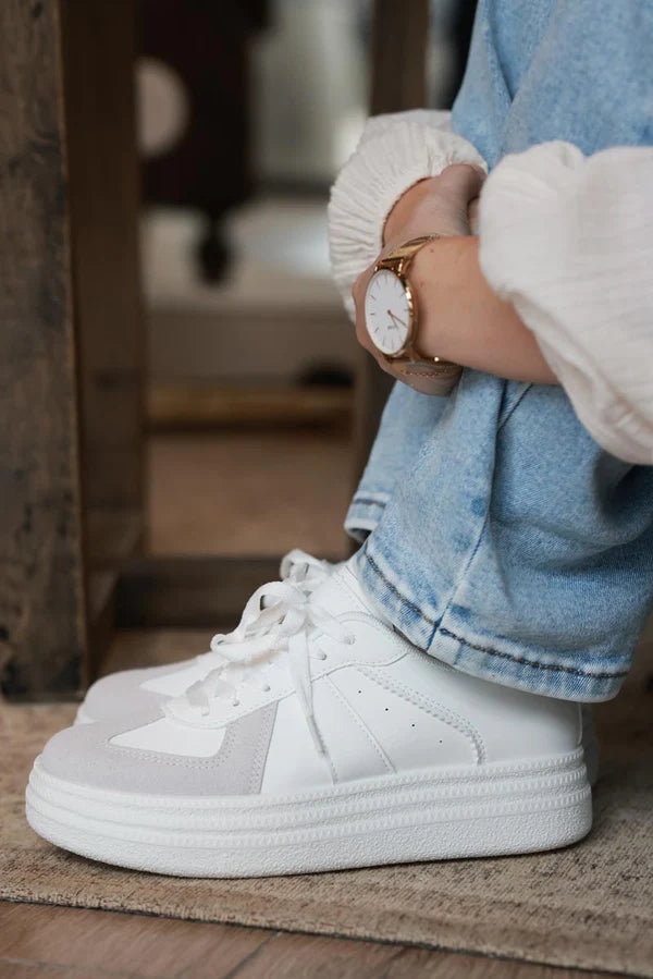 White and Gray Vegan Leather Platform Sneakers