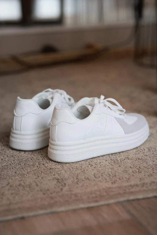 White and Gray Vegan Leather Platform Sneakers