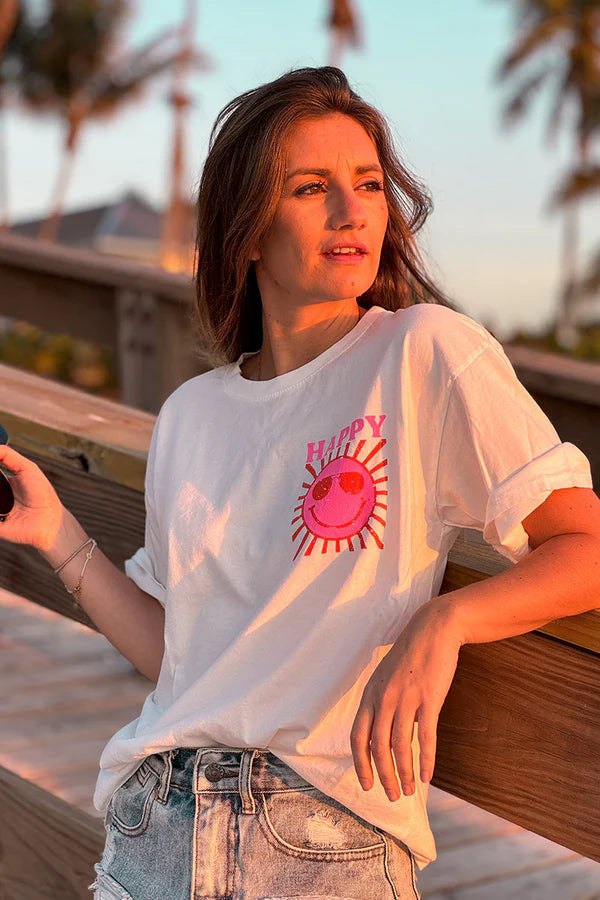 White Happy Sun Screen Print Tee