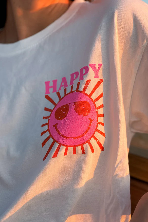 White Happy Sun Screen Print Tee