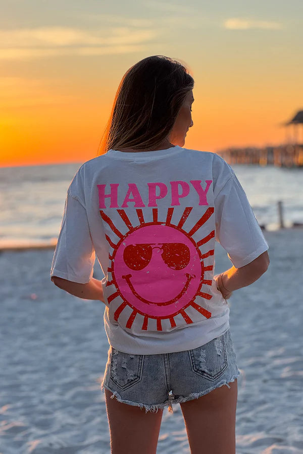 White Happy Sun Screen Print Tee