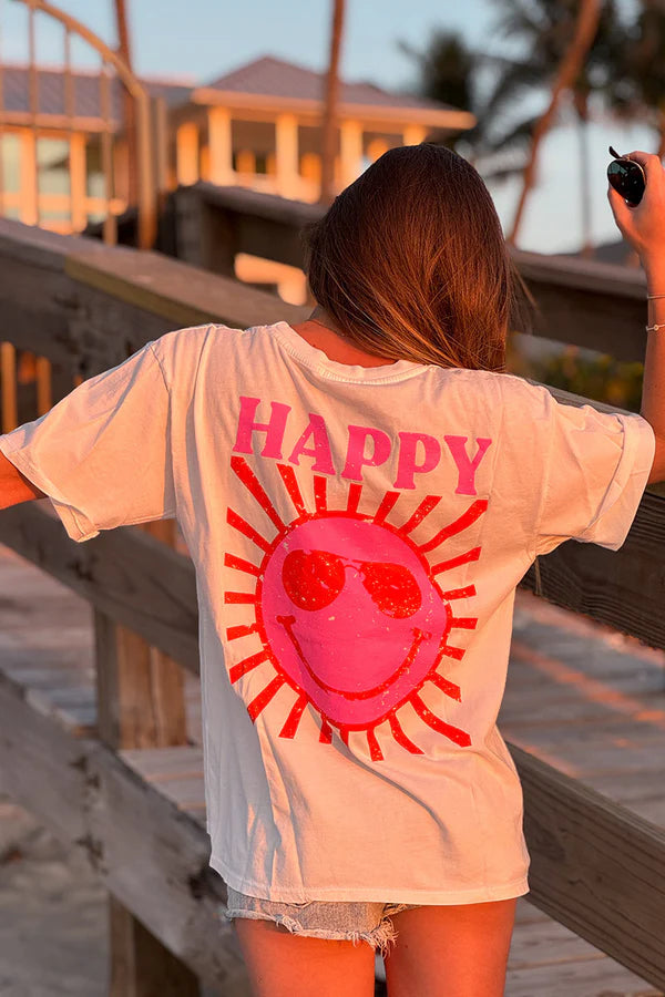 White Happy Sun Screen Print Tee