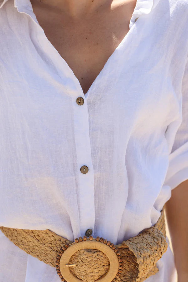 White linen shirt dress with wooden buttons