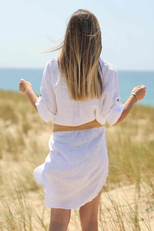 White linen shirt dress with wooden buttons