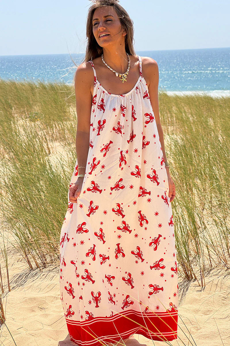White Lobster Print Maxi Dress