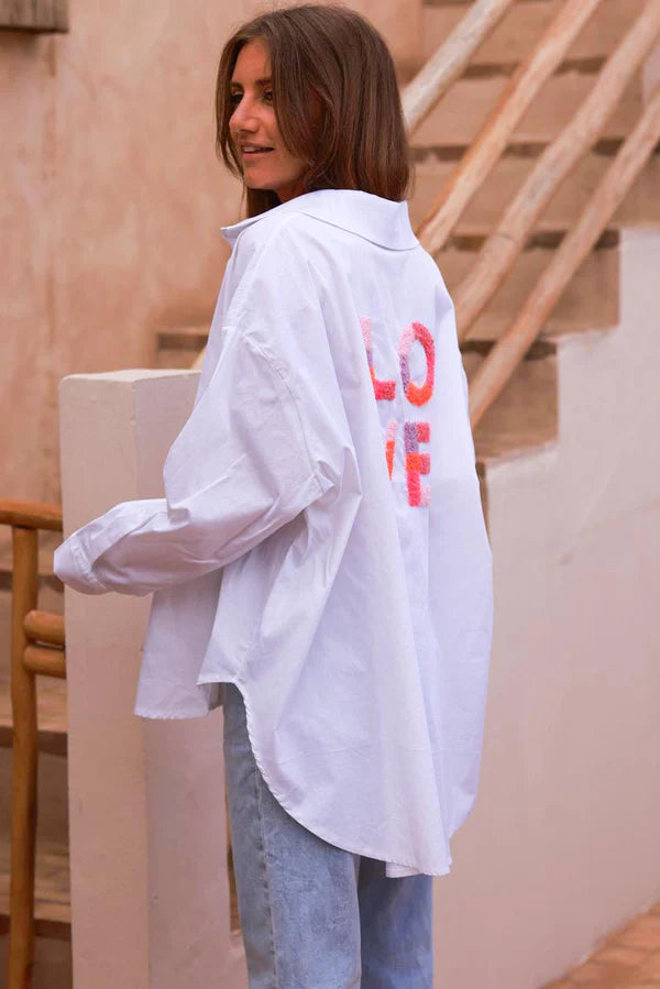 White “LOVE” Slouchy Button-Down Shirt