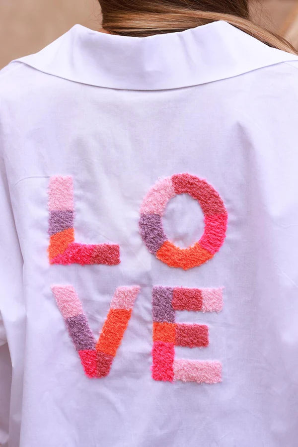 White “LOVE” Slouchy Button-Down Shirt