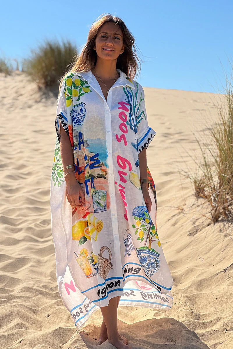 White Mediterranean Summer Poplin Shirt Dress