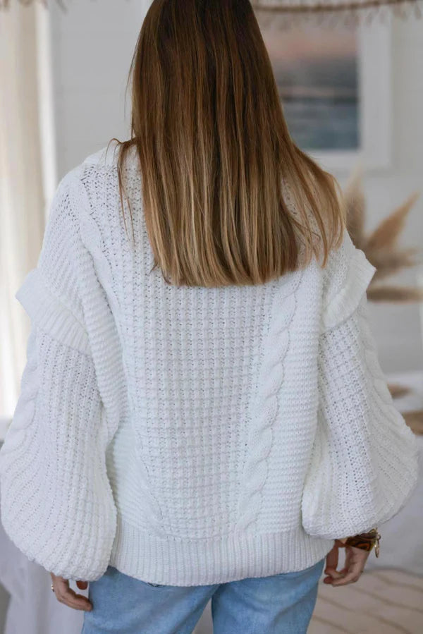 White Mohair Knit Modern Cable Knit Sweater