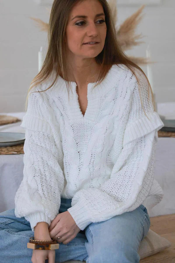 White Mohair Knit Modern Cable Knit Sweater