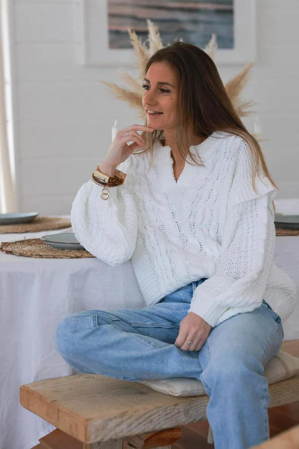 White Mohair Knit Modern Cable Knit Sweater