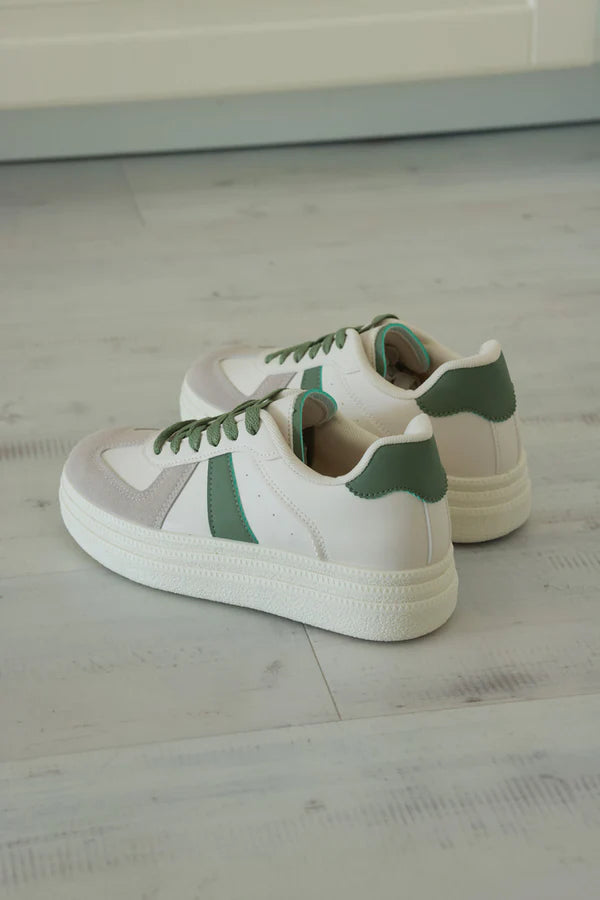 White and Olive Vegan Leather Platform Sneakers