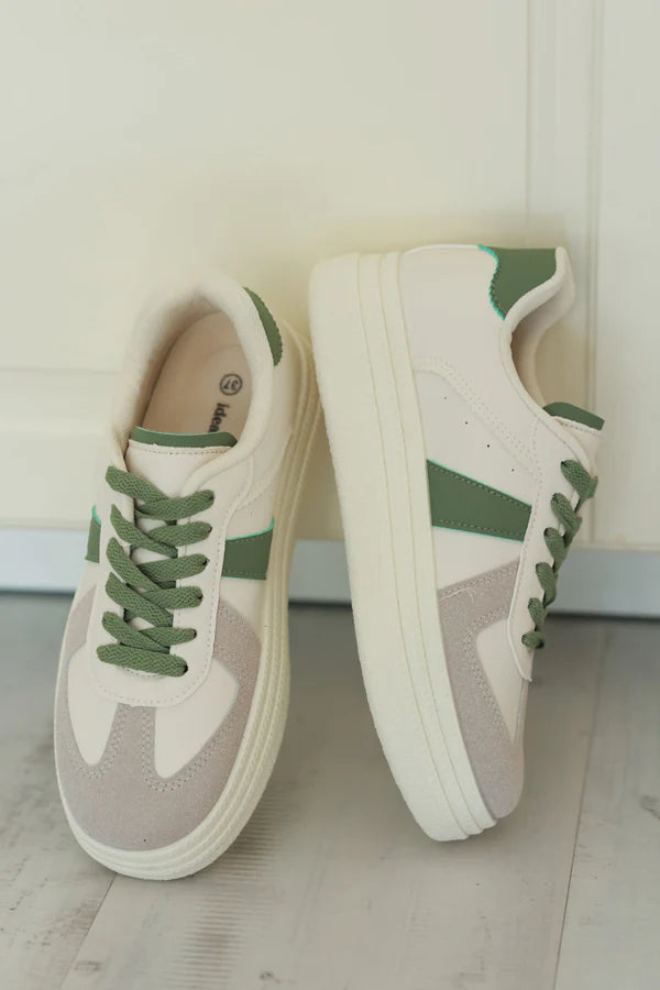 White and Olive Vegan Leather Platform Sneakers