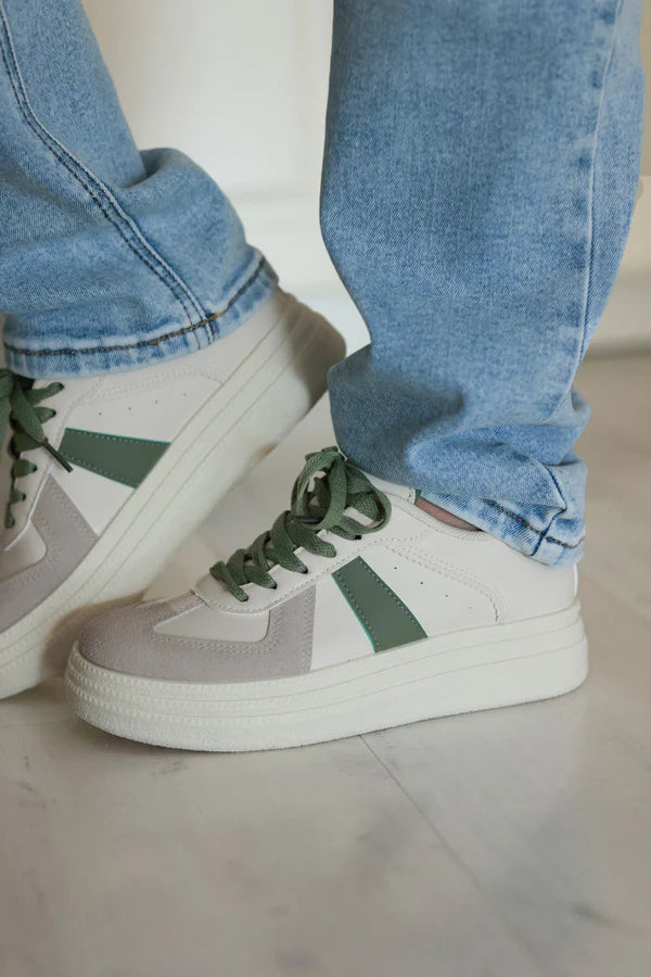 White and Olive Vegan Leather Platform Sneakers