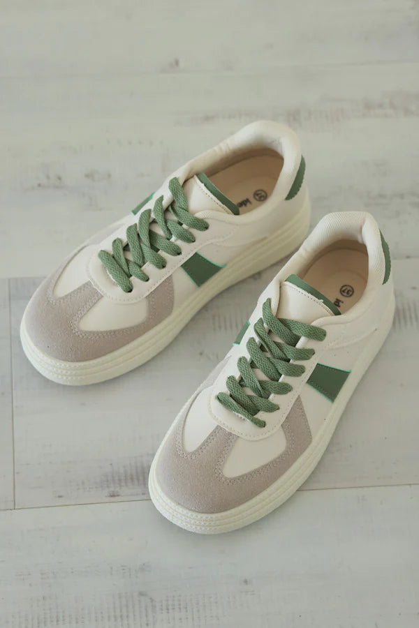 White and Olive Vegan Leather Platform Sneakers