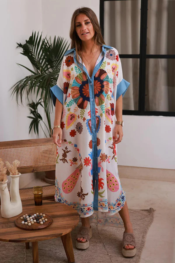 White Paisley Maxi Shirt Dress with Blue Trim