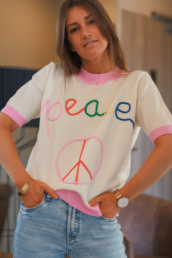 Cream “Peace” Ringer Knit Top