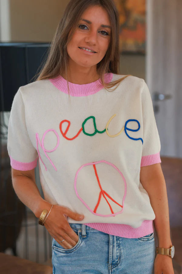 Cream “Peace” Ringer Knit Top