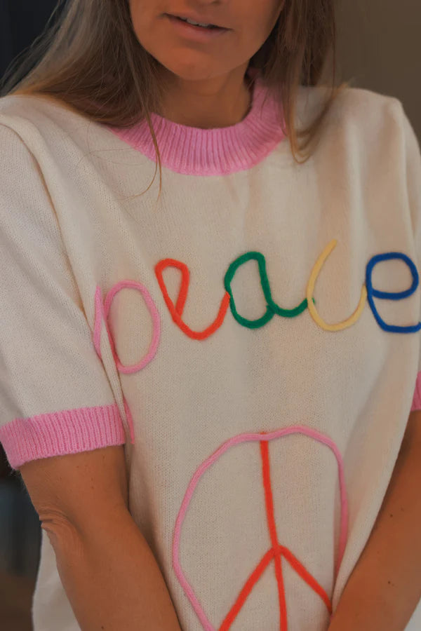 Cream “Peace” Ringer Knit Top