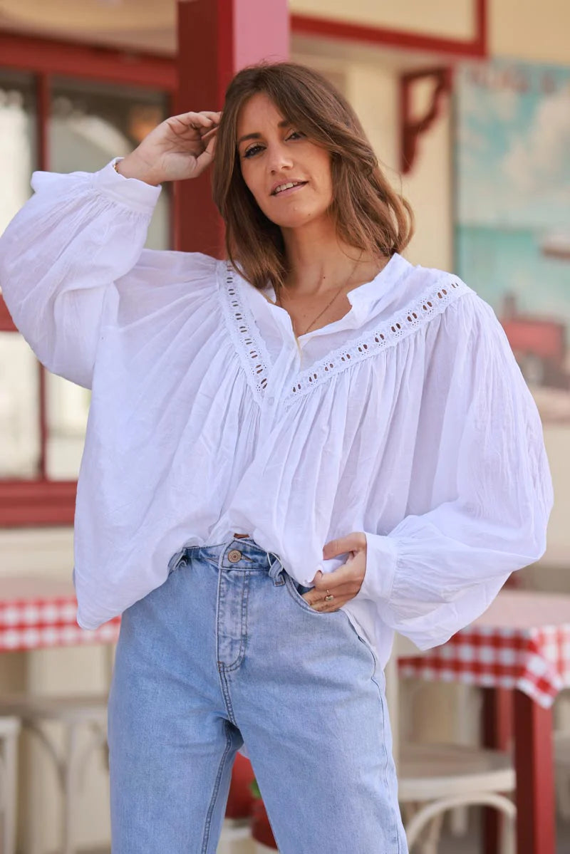 White Pleated Cotton Prairie Blouse