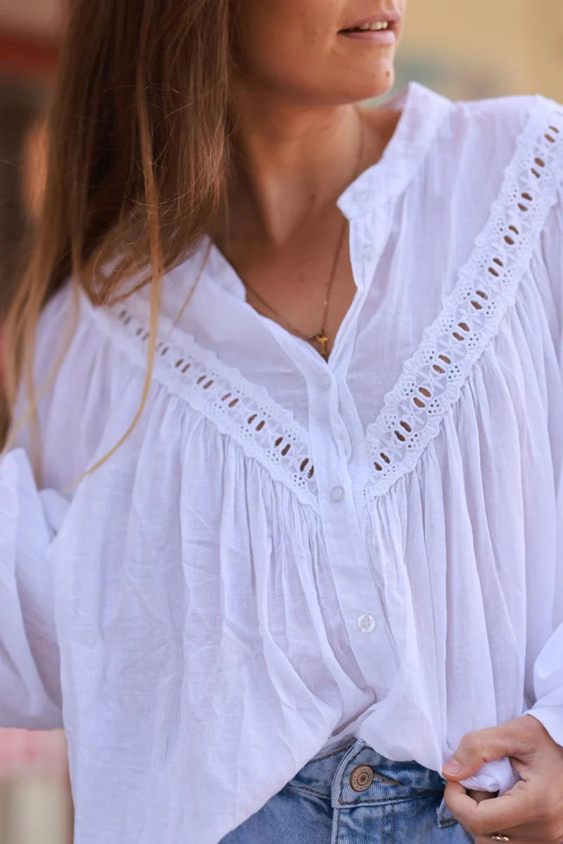 White Pleated Cotton Prairie Blouse